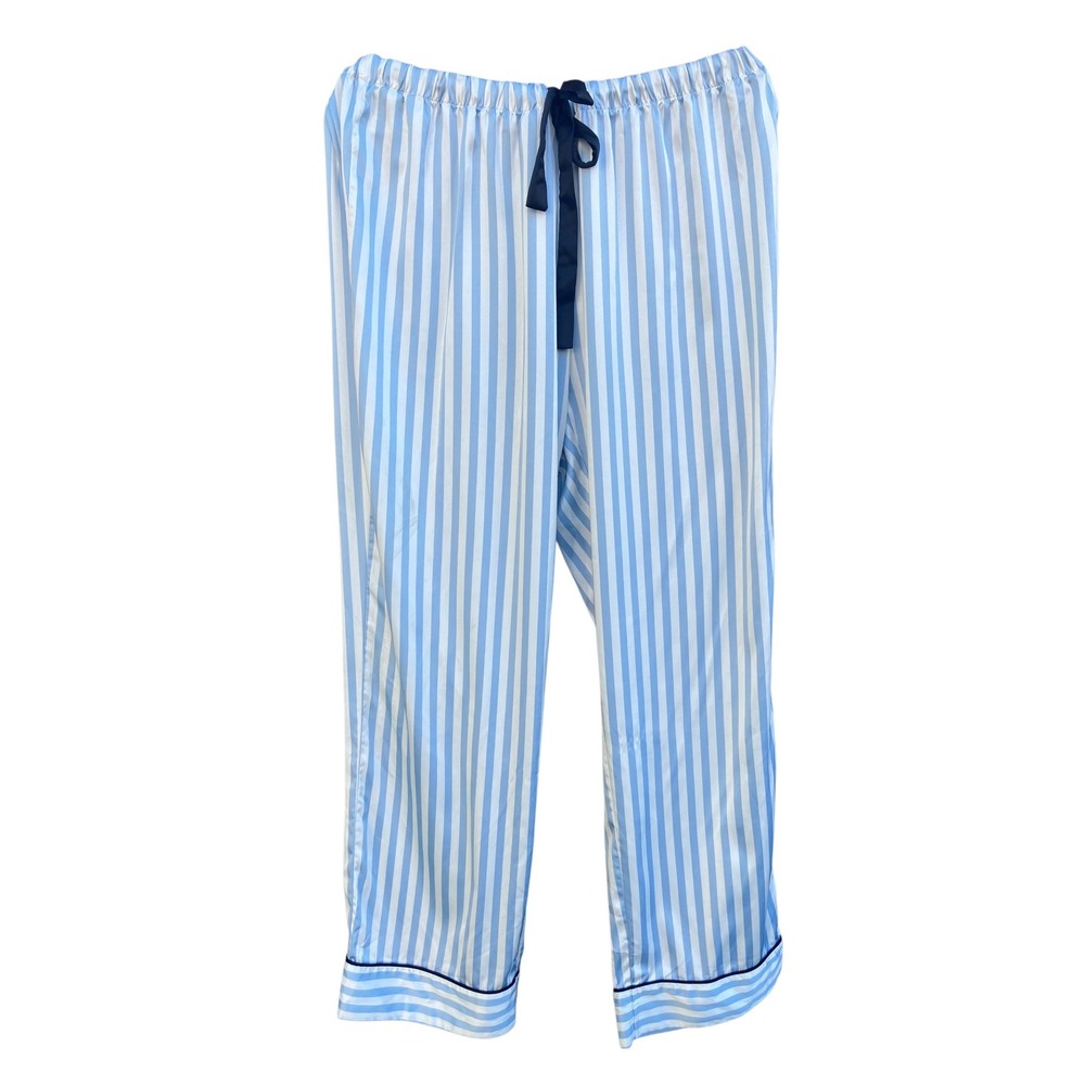 Women Pajama Pants L Blue White Striped Satin Drawstring Loungewear